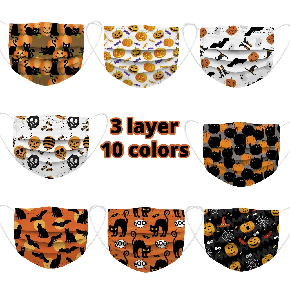 50 Pcs Children Halloween Disposable Face Mask 3ply Ear Loop Unisex Cartoon Skeleton Pumpkin Mouth Masks Mascarilas Maske | Красота и