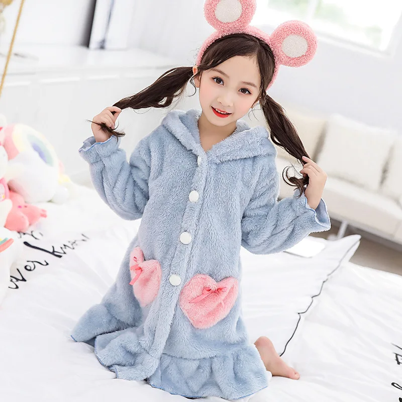 Girls' Pajamas Pink Cute Children Flannel Bathrobe Home Fleece Kids Sleepwear Autumn Winter Nightgown for Girls Robes elegant pajama sets Sleepwear & Robes