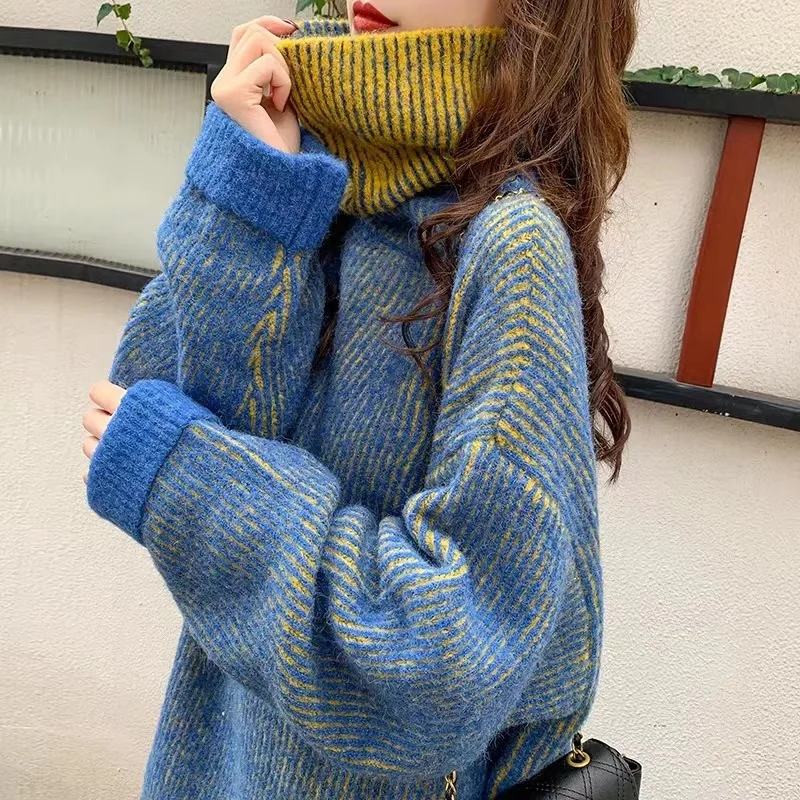 Шикарные свитера, корейские женские вязаные пуловеры, водолазка, толстый теплый зимний свитер, уютный свободный синий пуловер, Рождественский свитер