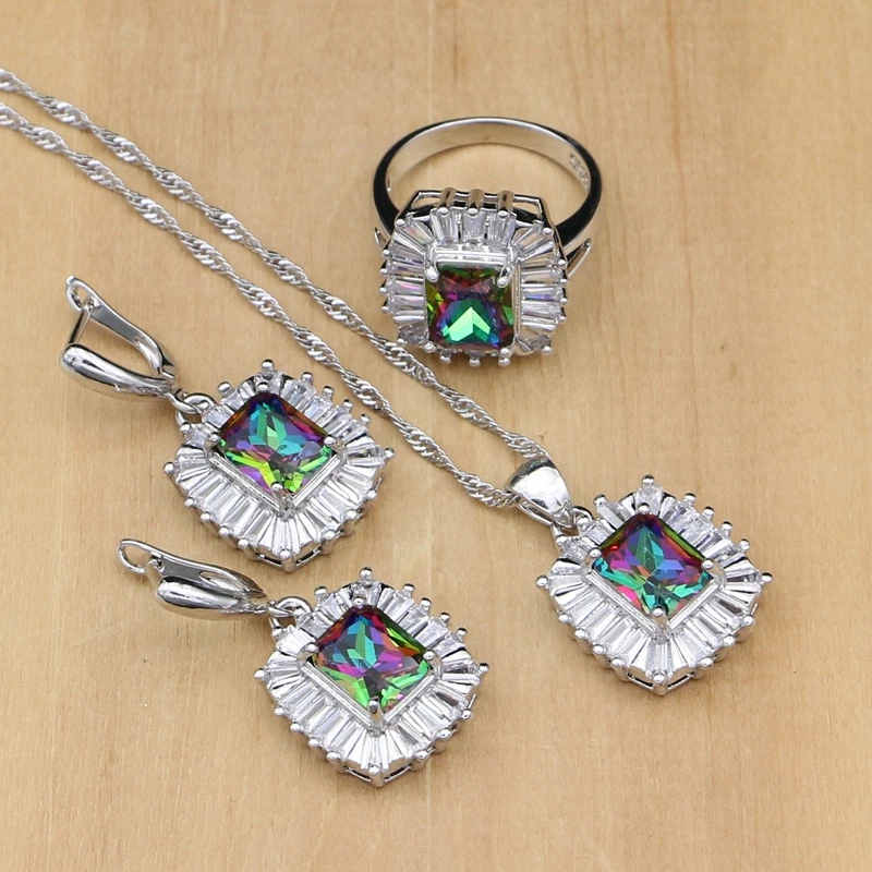925 Silver Jewelry Mystic Rainbow Fire Zircon Jewelry Set Women Wedding Accessories EarringsPendantRingsNecklace Sets (2)