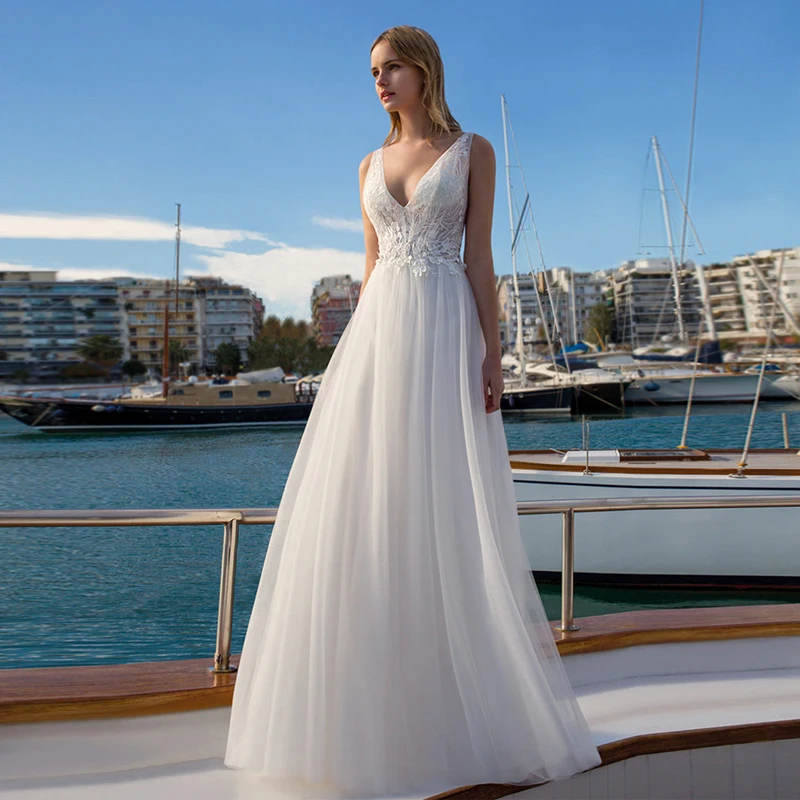 

Verngo Appliques Tulle Wedding Dress Summer Vacation Elegant Illusion Wedding Gowns Simple Backless Bride Dress Vestido De Novi
