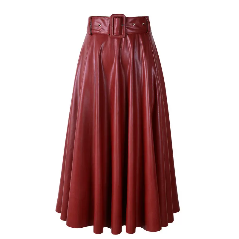 Новинка, женские плиссированные юбки из искусственной кожи на осень и зиму, женские юбки трапециевидной формы с высокой талией, винно-красная длинная черная юбка макси с поясом - Цвет: 1297G Wine Red