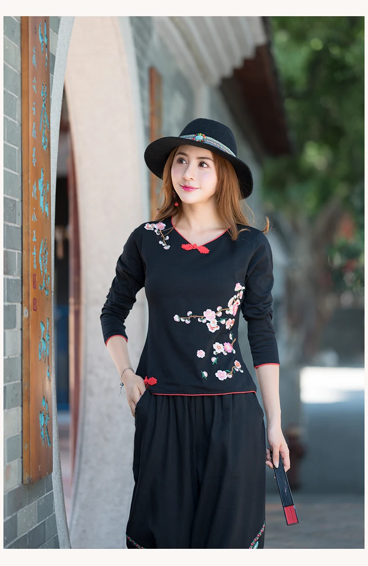 KYQIAO camiseta mujer Этническая футболка Женская Осень Зима Мехико стиль длинный рукав красный белый черный вышивка рубашка