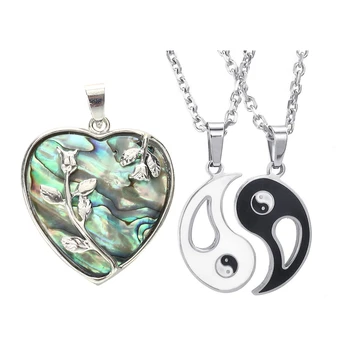 

1pcs Heart Metal Abalone Paua Shell Flower Pendant Bead 1.3 inch & 2pcs Friendship Chains Tai Chi Yin and Yang Stainless Steel P