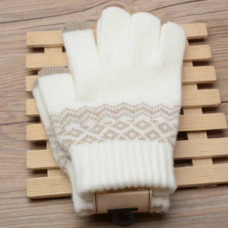 Зимние перчатки для сенсорного экрана для женщин и мужчин теплые эластичные вязаные варежки Имитация шерсти полный палец Guantes женский крючком Luvas утолщаются - Color: Type 2 White