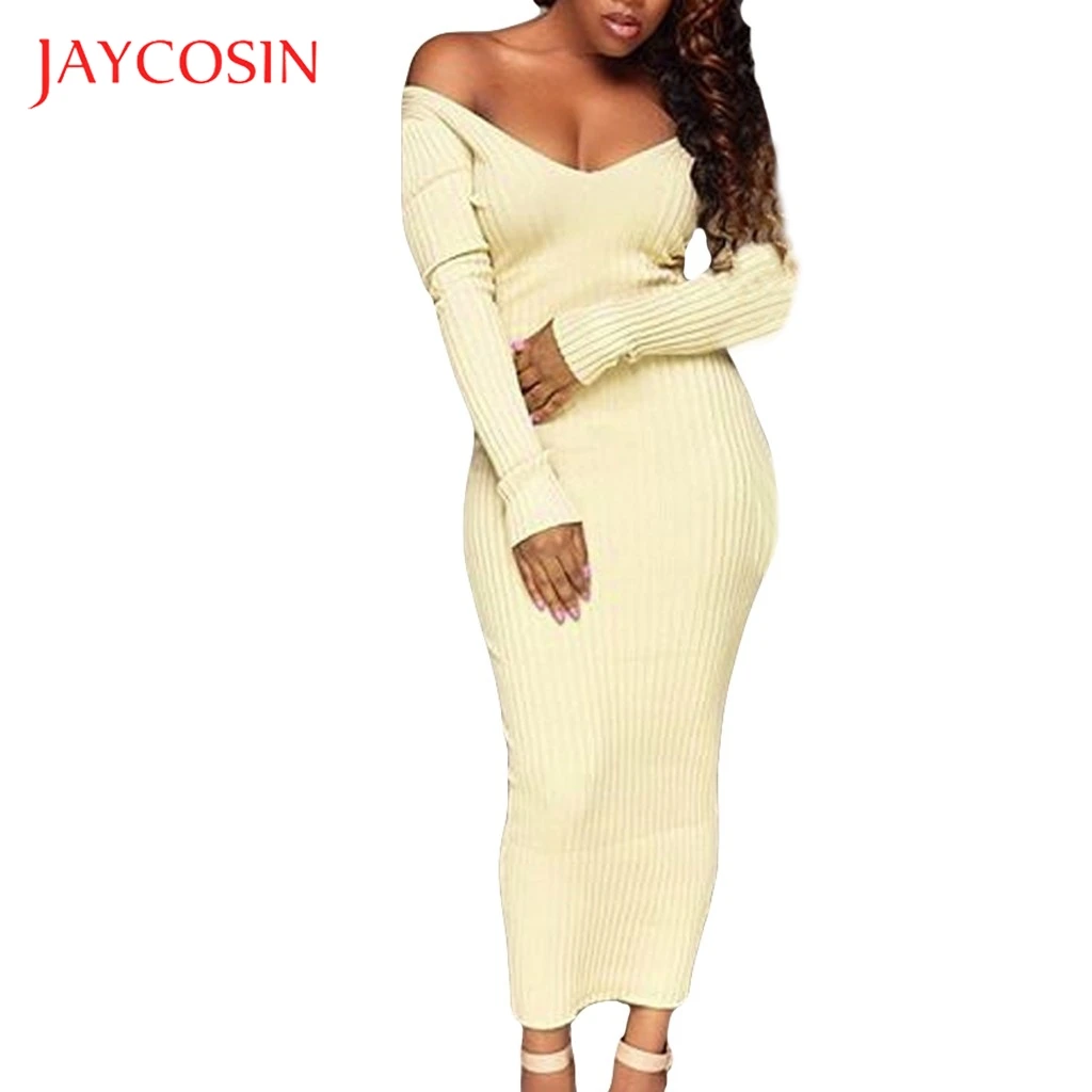 JAYCOSIN winter dress maxi dress Women V-Neck Long Sleeve Pure Color Long dress vestidos bodycon dresses woman party night 829 JAYCOSIN winter dress maxi dress Women V-Neck Long Sleeve Pure Color Long dress vestidos bodycon dresses woman party night 829