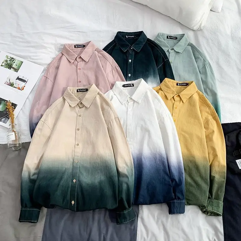 

spring Men Gradient Hip hop Shirt Long Sleeve 2020 Man Korean Fashions Monday Embroidery Shirt Male Streetwear Spring Shirts