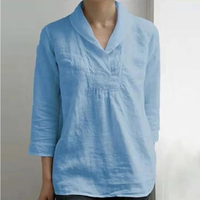 Elegant Summer Tunic Women Blouse Fashion 3/4 Sleeve Shirts Basic Tops Female Lapel Blusa Plus Size Casual Chemise 7