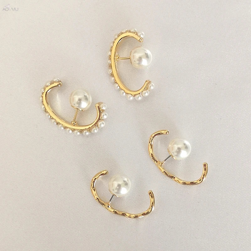 AOMU Korean Chic Style S925 Sterling Silver Pin Gold Metal Curved Wave Line Pearl Circle Earrings for Women Girl Jewelry Set