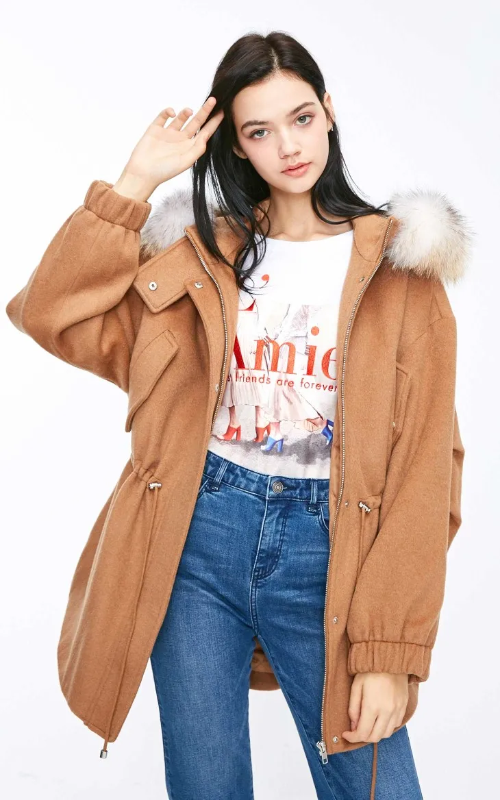 Vero Moda Женская Съемная енота с капюшоном шерстяное пальто парка пальто | 318327520