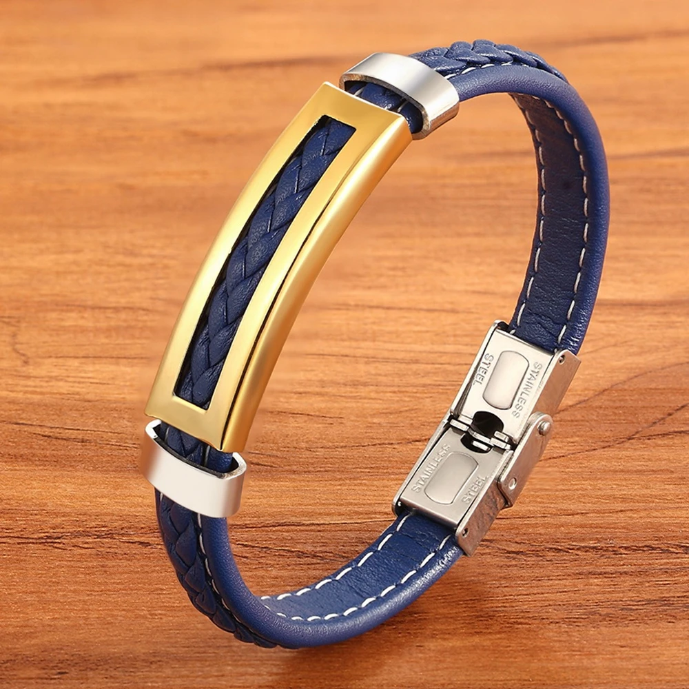 XQNI Stainless Steel Accessories Multi-color Rectangular Combination Blue Leather Classic Men’s Bracelet Commemorative Gift