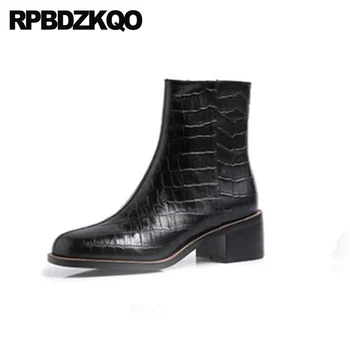 

luxury winter block real leather round toe short fur 2019 fall black genuine chunky autumn women ankle boots medium heel shoes