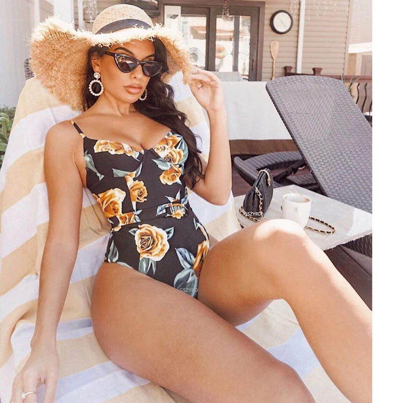 Floral Lemon Print One Piece Swimsuit New Sexy Women Buckle Push Up Bikini Swimwear Bathing Suit Summer Swimming Beachwear