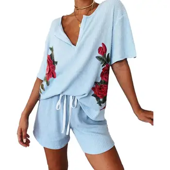 

Fashion Women V Neck T-shirt Drawstring Shorts Floral Print Ribbed Sleepwear Pajamas Sports Set