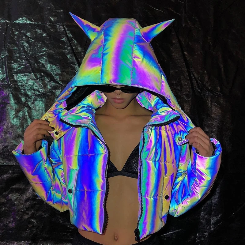 

NoEnName_Null Devil Hooded Reflective Cotton Padded Warm Parka Women Crop Jacket 2019 Winter Coat Long Sleeve Zipper Outerwear
