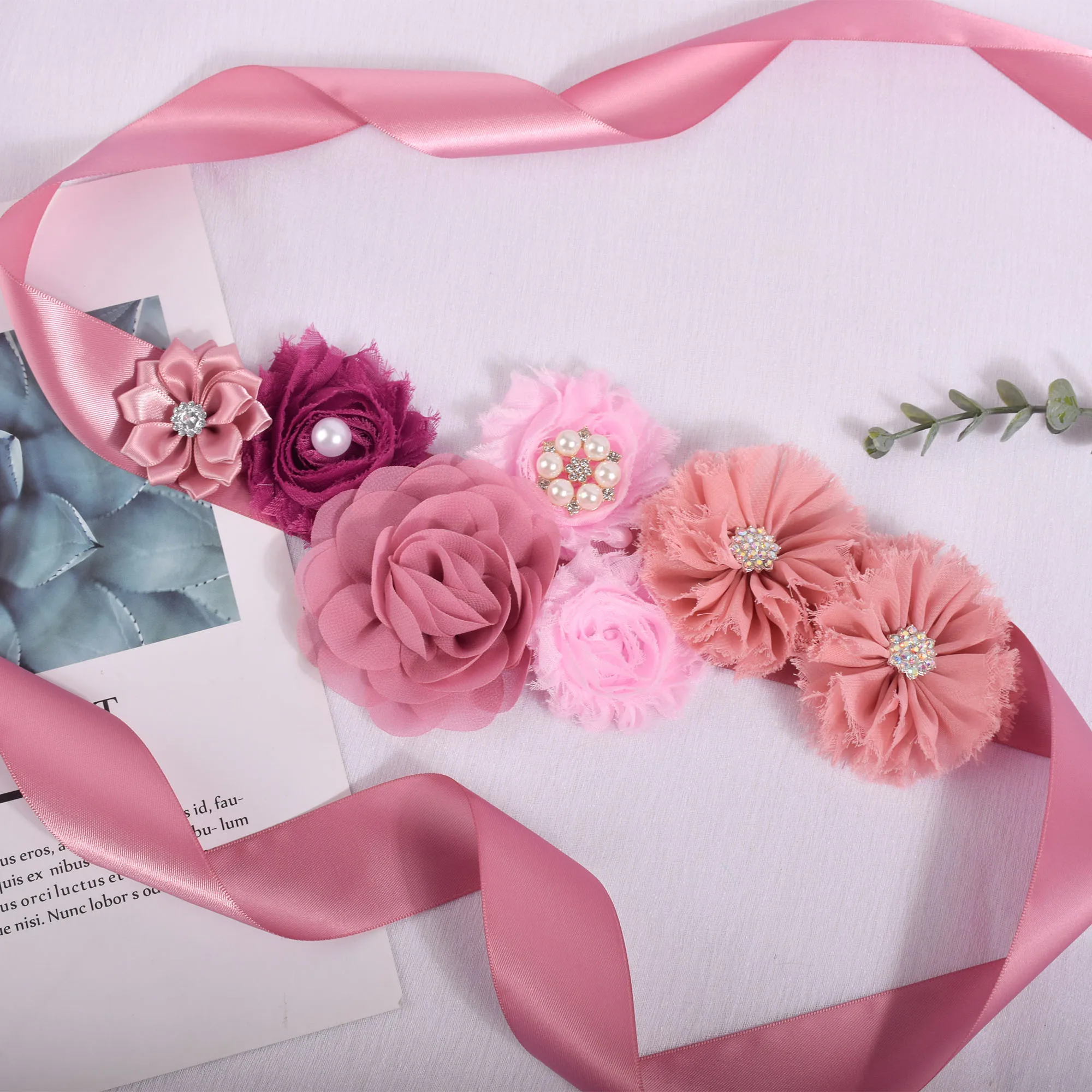 Purtulle Maternity Sash Women Dusty Rose Flower Sash Pregnancy Belly Belt Bridal Ribbon Cummerbunds Wedding Dress Waist Belt