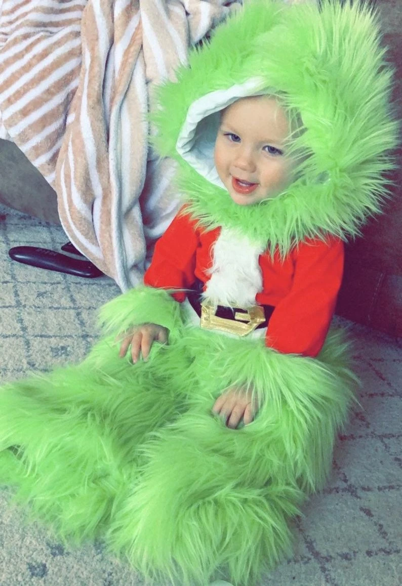 2021 Children Christmas Cosplay Costume Green Furry Monster Hooded Santa Claus Clothes Tops Fur Pants Set |