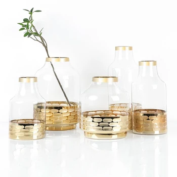 

Gold Honeycomb Foil Plated Glass Vase For Living Room Decoration Figurines Flower Vase Container Home Decoration Plants Holder