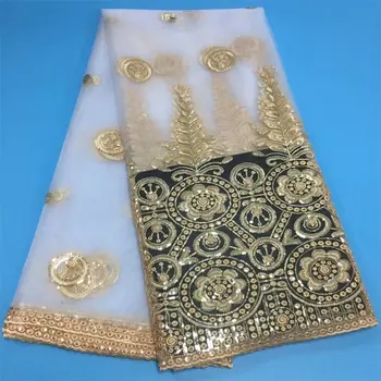 

White Gold African French Lace Fabric High Quality Tulle Net Lace Fabric 5 Yards Embroidery Nigerian Lace Fabric For Women
