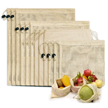 

New-Reusable Shopping Bags, 12-Set Reusable Product Bags Organic Cotton Washable Plastic-Free Bags Zero Waste Shopping Net Bags