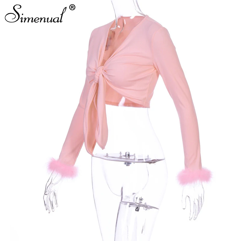 Simenual Sexy Bandage V Neck Women Party Crop Top Long Sleeve Hairy Patchwork T Shirt Fashion Autumn Solid Slim Short Tees