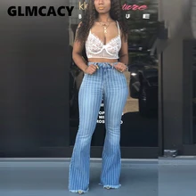 Женские полосатые расклешённые джинсовые брюки с высокой талией уличные джинсы Широкие Женские Брюки Повседневная одежда Дамские Брюки