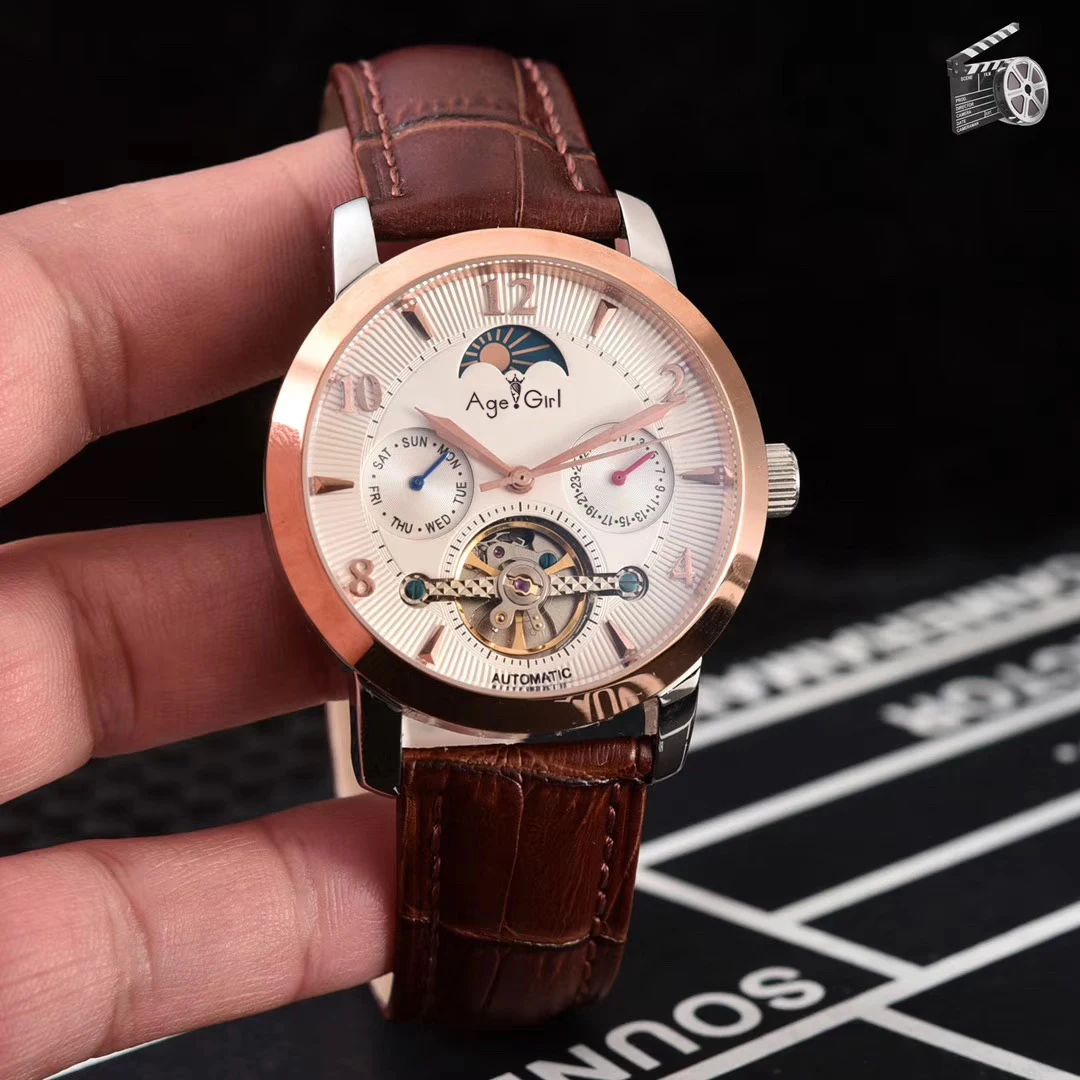 

Luxury Brand New Men Rose Gold Black Leather Automatic Mechanical Sapphire Moon Phase Tourbillion Watches Glass Back See Through