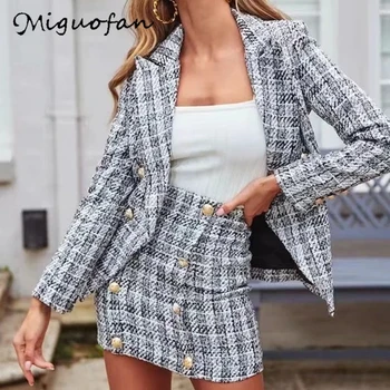 

Miguofan women Tweed plaid blazer double button office cardigan coat Autumn blazer Vintage tassel jacket outwear mujer blazer