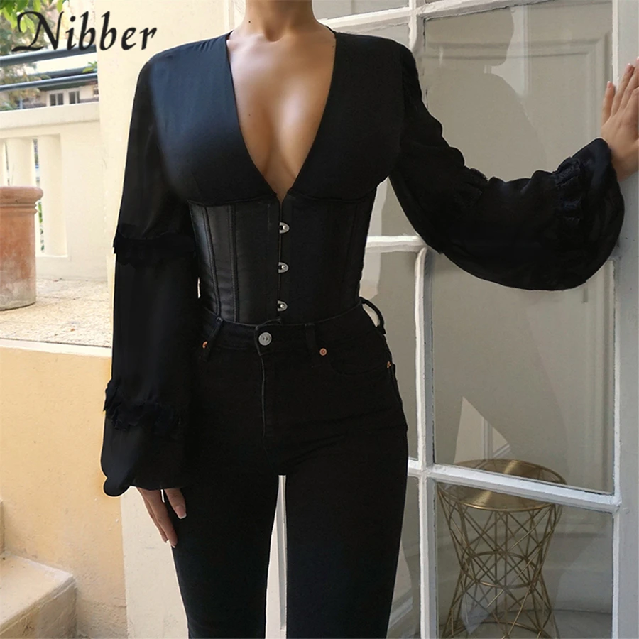 Nibber Corset Patchwork Lantern Sleeve Design T-Shirt For Women Tops 2021 Spring Autumn Elegant Bandage Halter Design Top Female Nibber Corset Patchwork Lantern Sleeve Design T-Shirt For Women Tops 2021 Spring Autumn Elegant Bandage Halter Design Top Female