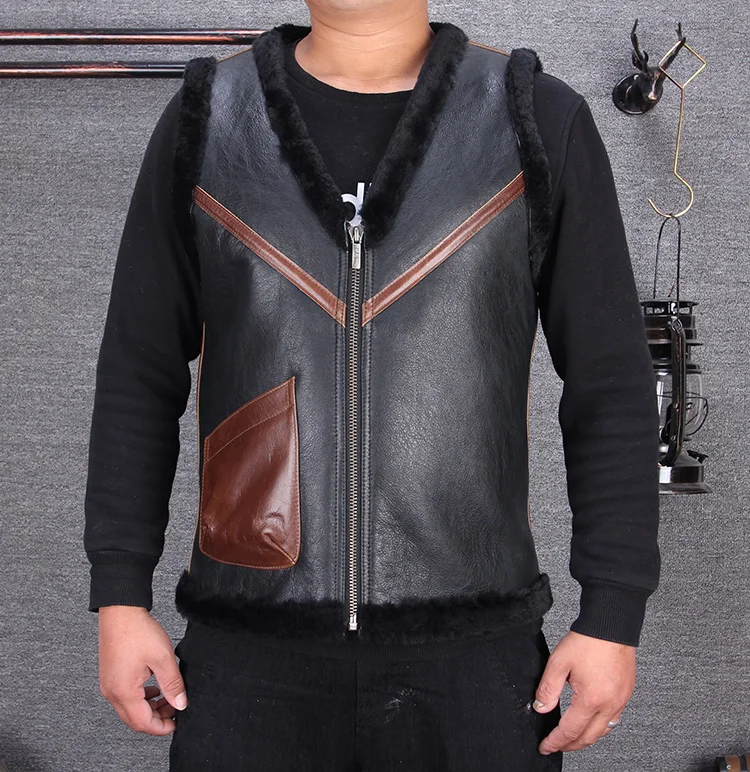 Black Men Keep Warm Slim Fit Genuine Shearling Vest Plus Size XXXL Autumn Casual Russian Leather Vest