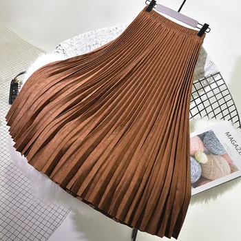 

2018 Two Layer Women Suede Skirt Pink High Waist Long Pleated Skirts Womens Saias Midi Faldas Vintage Women Midi Skirt