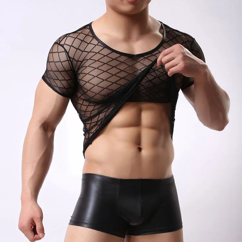 Sexy Men Undershirts Plaid Mesh Transparent Short Sleeve Shirts Gay Lenceria Exotic Clubwear Male Sleepwear Roupas Masculinas