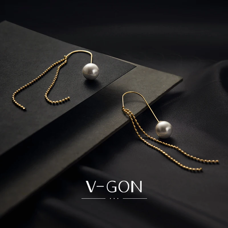 

V-GON Simple Style Gold Color Long Line Earrings For Women Simulated Pearl Snake Chain Earhook Dangle Earrings