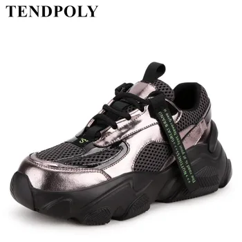 

2019 New women shoes European American style autumn Leather stitching Breathable sneakers Thick bottom lace vintage women shoes