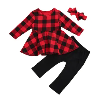 オンライン 3本の子供のスーツセットチェック柄ラウンドネック長袖ドレストップ + ロングパンツ + ヘッドバンド服セット