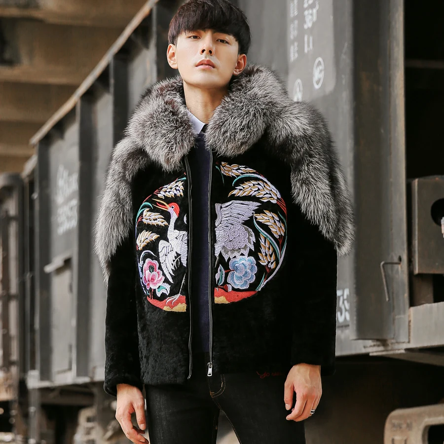 

2019 New Wool Fur Collar Jackets Embroidery Winter Hooded Men Coat Fashion Chinese Style Thicken Warm Fur Clothing