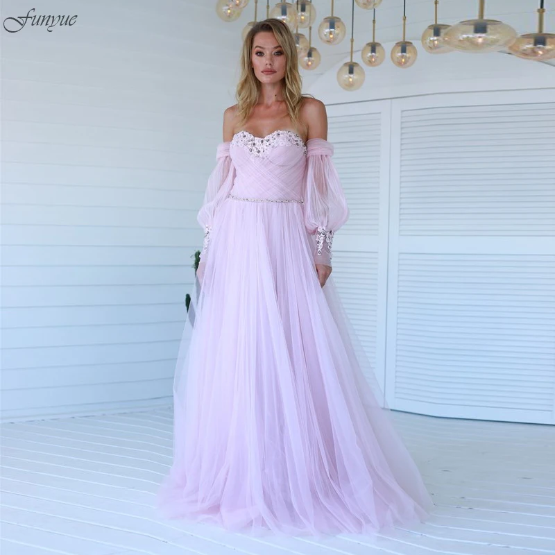 

Funyue Balloon Sleeve Pink Evening Dresses Long A-Line Tulle Pleated Sweetheart Prom Dress Beading Lace Engagement Party Gowns