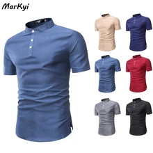 MarKyi 2020 summer mandarin collar shirt for men solid short sleeve mens casual dress shirt slim fit