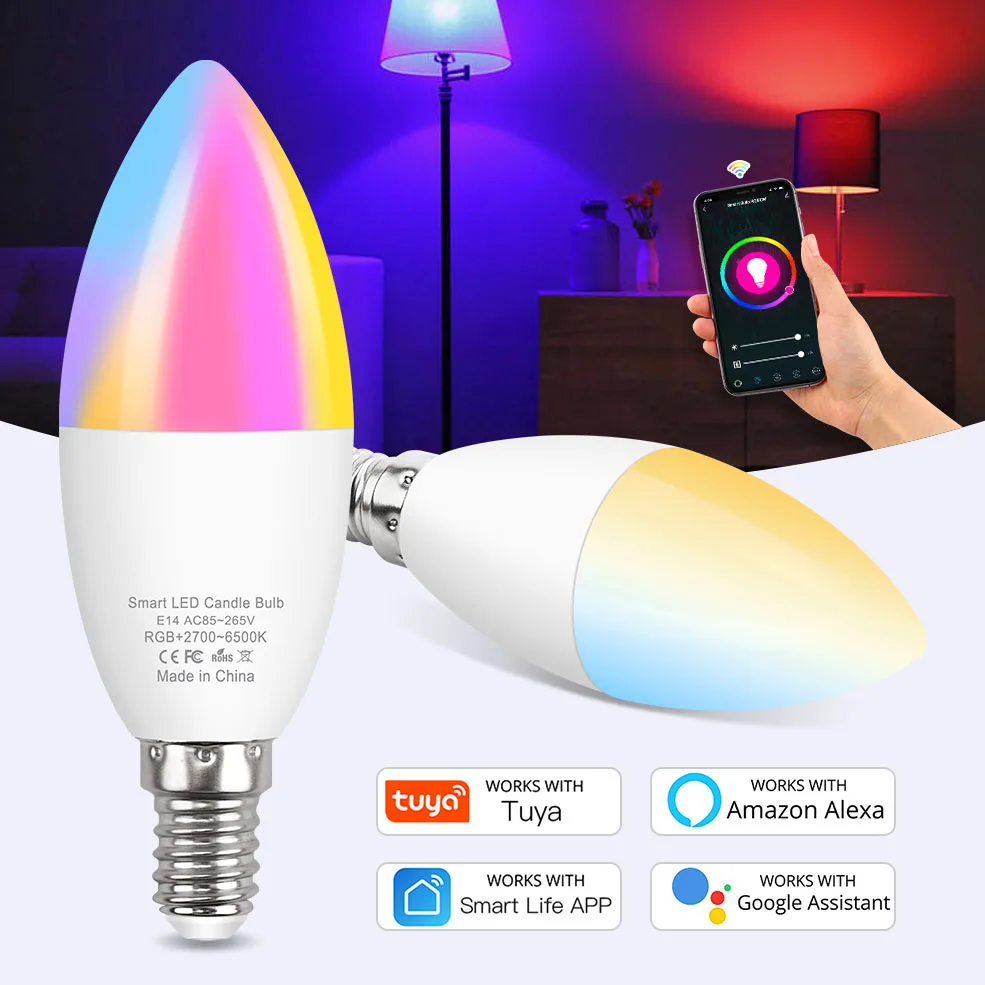Tuya E14 Светодиодная лампа умный Wifi светильник лампы в форме свечи RGBCW 5W