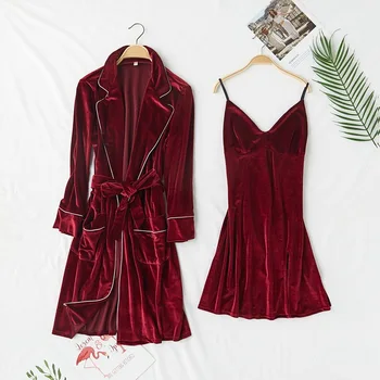 

Women Sexy V-Neck Mini Velvet Twinset Robe Set Sleepwear Casual Soft Nightwear Lady Homewear Elegant Solid Burgundy Nightgown