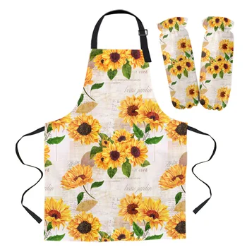 

Sunflowers Vintage Newspaper Kitchen Aprons Chef for Woman Kids Home Decor Apron Suit Gloves Cooking Baking Waist Bib Tool