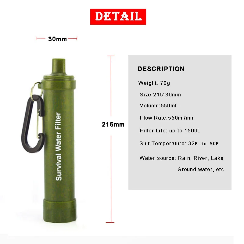 Outdoor Water Purifier Camping Hiking Emergency Life Survival Portable Personal Purifier Water Filter Straw Multifunction tools