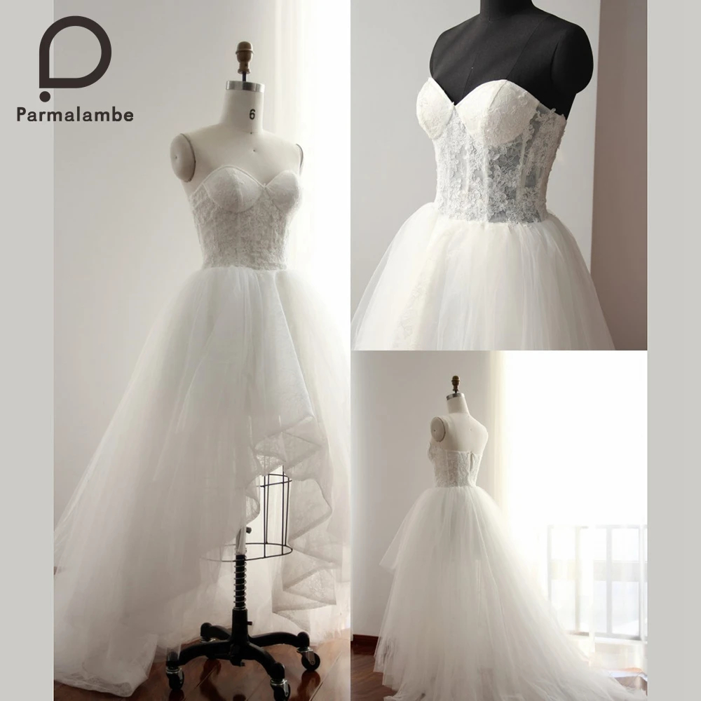 

Simple Sweetheart Ivory A-Line Short Wedding Dresses Lace Appliques Asymmetrical Court Train Bridal Gowns vestido de noiva
