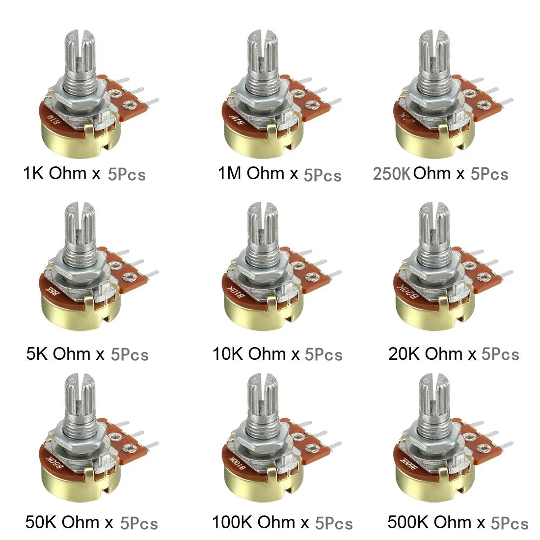 손잡이 단일 전위차계 세트 샤프트 너트, WH148 단일 전위차계 키트, B1K, 5K, 10K, 20K, 50K, 100K, 500K, 1M, 상자당 45 개