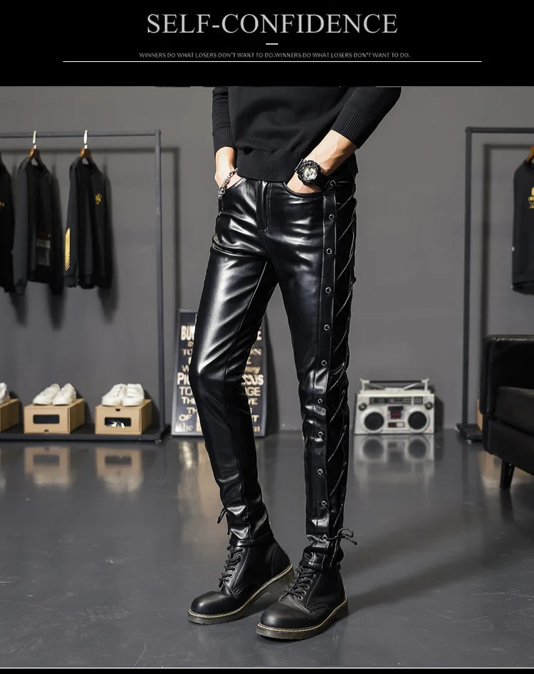Description Picture 3 of itemHOO 2024 Men's New Threading Decorative Leather Pants Youth Personality Motorcycle Pants Black PU Leather Pants