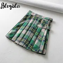 Blvyisla Высокая поясная пряжка регулируемый пояс зеленая клетчатая мини-юбка школьная Студенческая юная леди сексуальная Англия Стиль плиссированные короткие юбки