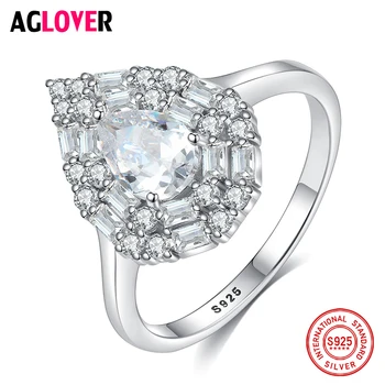 

AGLOVER Genuine 925 Sterling Silver Droplet Ring Oversized Zircon Teardrop Ring for Women Fashion Luxury Wedding Party Jewelry