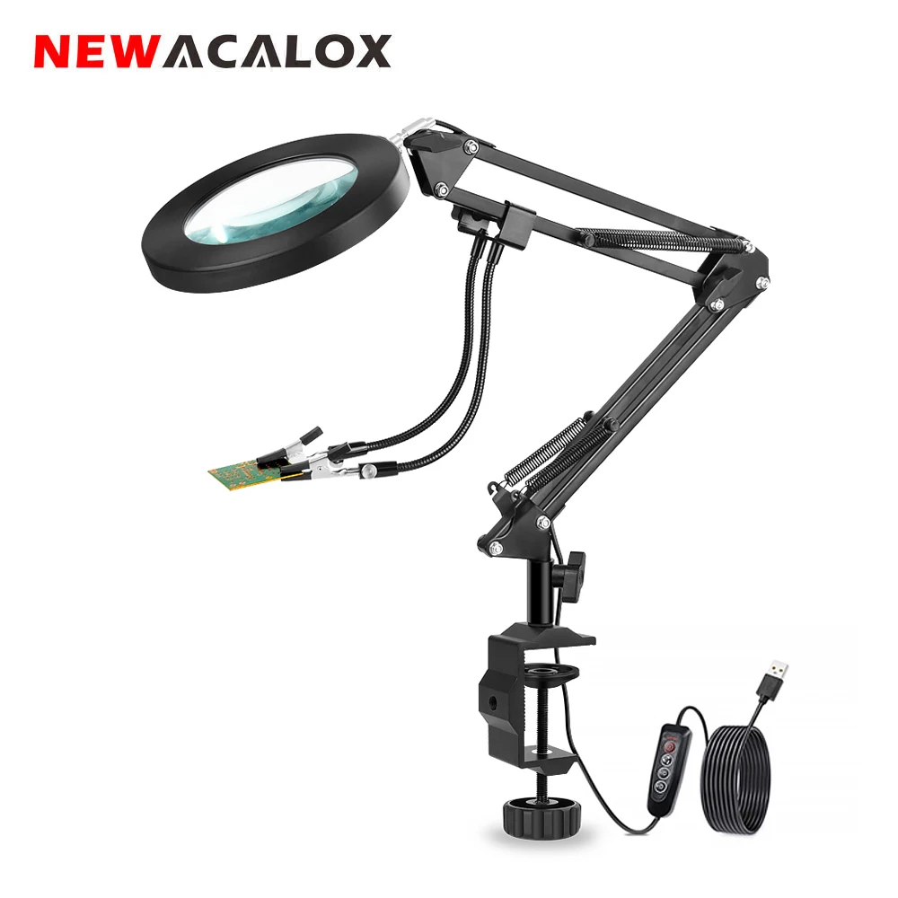 US $33.22 NEWACALOX LED 5X Magnifier USB Lamp Table Clamp Soldering Helping Third Hand Soldering Station 2pcs Flexible Arms Welding Tool