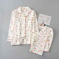 New Spring and Summer Women's 100% Cotton Gauze Pajamas Long-sleeved Trousers Cute Simple Ladies Home Service Two-piece Suit