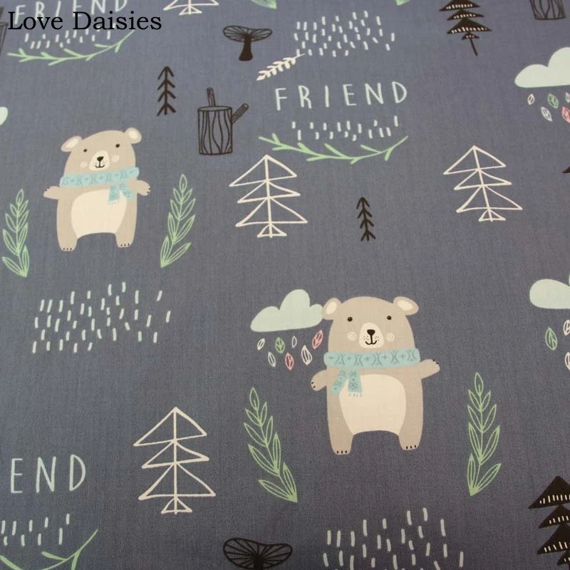 Хлопок темно-голубовато-серый мультфильм Медведь Собака Кости деревья ткани для DIY детская простыня подушка одежда домашний декор ручной работы